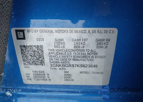 2019 Chevrolet Blazer z USA, uszkodzony, nr VIN 3GNKBGRS7KS623649